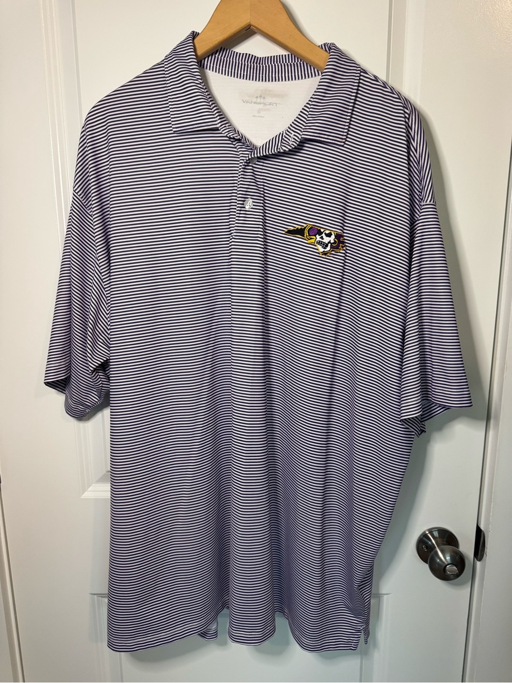 Men’s Purple and White Striped Polo with Embroidered ECU Logo